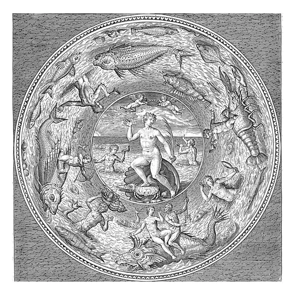 有海神的酱汁 加拉太亚 Adriaen Collaert 1580 1618在较低的中心 一条大鱼在游动 背上背着一男一女 在鱼的后面左边是一个带着弓的孩子 — 图库照片