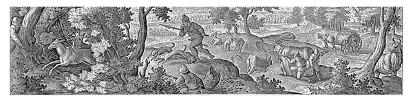 有些猎人在猎狗的帮助下追猎鹿群 在背景中 鹿会被用枪猎杀 该印刷品有拉丁文字幕 是54幅系列印刷品的一部分 — 图库照片