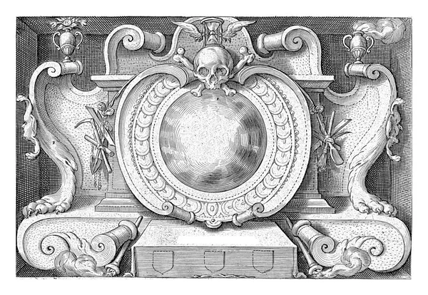 Cartiglio Con Teschio Hendrick Hondius Attribuzione Respinta 1649 Cartiglio Piedistallo — Foto Stock