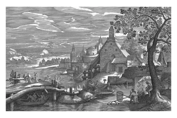 一个与渔民在一起的风景 亨德里克 洪迪厄斯 作者Petrus Stephanus 作者Monogrammist Scm 17世纪 1601年 前景一片水景 — 图库照片