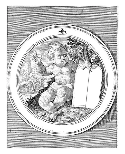 Medalion Putto Opartym Tablicach Prawa Gestem Błogosławieństwa Tle Ołtarz Paloną — Zdjęcie stockowe