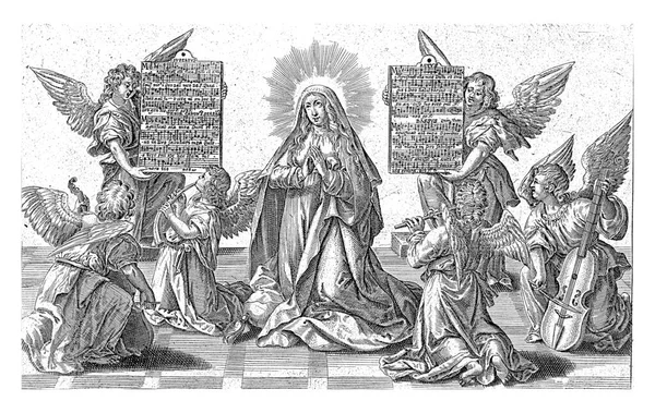 玛丽与制作音乐的天使 胡伯蒂 萨德尔 梅尔滕 德沃斯 1626 1657玛丽 跪在六个制作音乐的天使中间 其中两个拿着带着乐谱的平板 — 图库照片