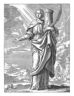 Saint Barbara, Theodoor Galle, David Teniers 'den sonra, 1581 - 1633 Saint Barbara of Nicomedia. Elinde bir palmiye dalı ve küçük bir kule taşır (hapsedildiği kulenin sembolü).).