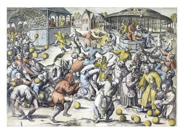 Çok sayıda soytarı dans eder ve zıplar, flüt çalar ve davul çalar ya da yerde yuvarlanır..