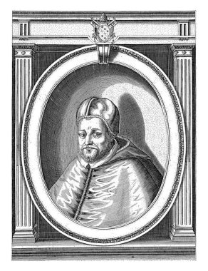 Portrait of Pope Clement VIII dressed in the papal robes, with a camauro on his head. Bust to the left in an oval frame with edge lettering. clipart