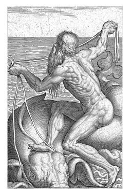 Deniz Tanrısı Oceanus, Philips Galle, 1586 Deniz Tanrısı Oceanus, bir deniz filinin üzerinde oturuyordu. Parmak izi, nehir ve deniz tanrıları ile ilgili 17 bölümlük bir dizinin parçası..