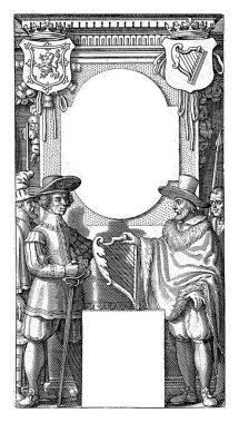 Tipik İskoç ve İrlandalı elbiseli iki adam kitabın adını taşıyan bir anıtın önünde duruyorlar. Adamlardan biri arp tutuyor..