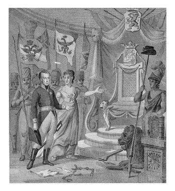 Prens Willem Frederik 'in 30 Mart 1814' te hükümdar olarak göreve başlamasının alegorisi. Hollanda bakiresi prensi tahtına götürür..