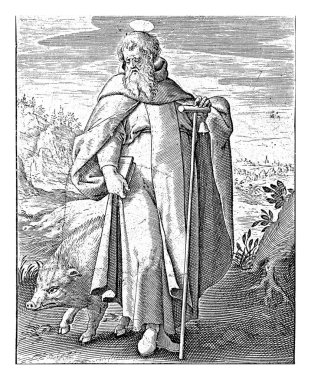 Büyük Antonius, Antonie Wierix (II.), 1565 - 1604 'ten önce Büyük Anthony ile birlikte, elinde bir sopa ve çan tutarak keşiş cübbesi giymişti..