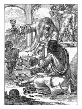 İki adam bol bol içer ve yer. Sağda bir putto resmi var. Üzümlü ve camlı. Arkasında bir kâse istiridyeyle bir hizmetçi bıraktı..