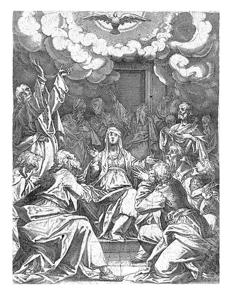 Duch Święty Postaci Gołębia Zstępuje Maryję Apostołów — Zdjęcie stockowe