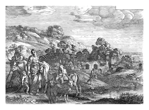 廃墟の風景の中で ハガルは動物の群れの中でイシュマエルの手に立っています — ストック写真