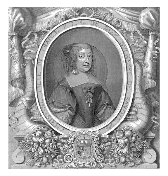 法国的克莉丝汀玛丽萨伏伊公爵夫人的画像肖像画呈椭圆形 两边都有核桃体 在她的衣架下 — 图库照片