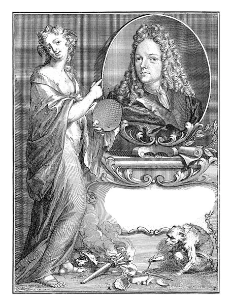 左手に画家のパレットを持つ女性像は 楕円形のアーノルド ホーブレイクの肖像画を示している — ストック写真