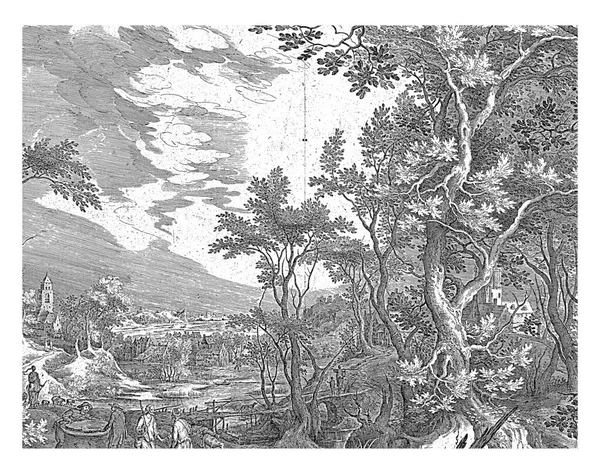 ヤコブはジル クレーズの後に井戸の石 ファン ロンダーセルを転がします 1601年 1702年デ ホンデコーター ヤコブと近くの町ハーランからの男性と湿地景観井戸 — ストック写真
