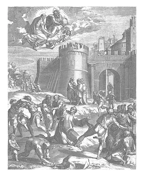 Sfântul Ștefan Îngenunchează Pământ Este Ucis Pietre Fața Turnului Orașului — Fotografie, imagine de stoc