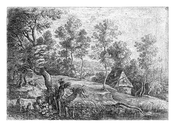 Landscape House Well Foreground Shepherd Playing Flute His Dog — Stok Foto