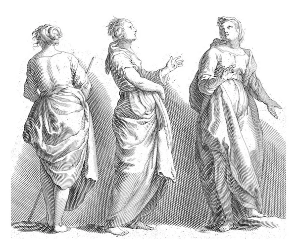 Trois Femmes Habillées Vue Dos Vue Latérale Vue Face Copie — Photo