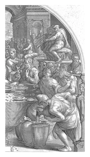 Christ Une Table Entouré Nombreuses Figures Pendant Mariage Cana — Photo