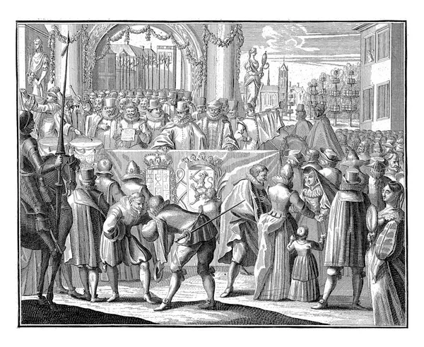 1609年4月のスペインとオランダの休戦の宣言 表彰台から停戦が署名されたことが発表されました — ストック写真
