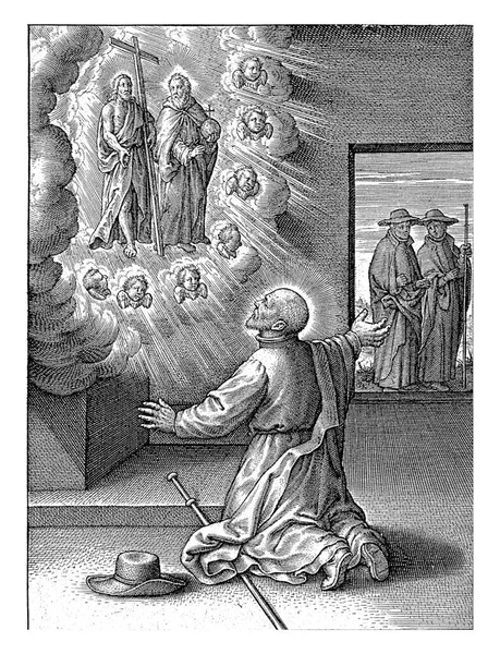 Loyolan Ignatiuksella Visio Ristiinnaulitusta Kristuksesta Isä Jumalasta Hieronymus Wierix 1611 — kuvapankkivalokuva