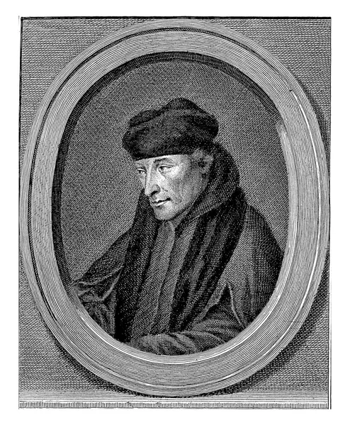 画成一个椭圆形的肖像 画在德歇里厄拉斯穆斯的左边 这幅肖像画座落在一个柱子上 上面有他的名字和资料 用荷兰语写着三行字 — 图库照片