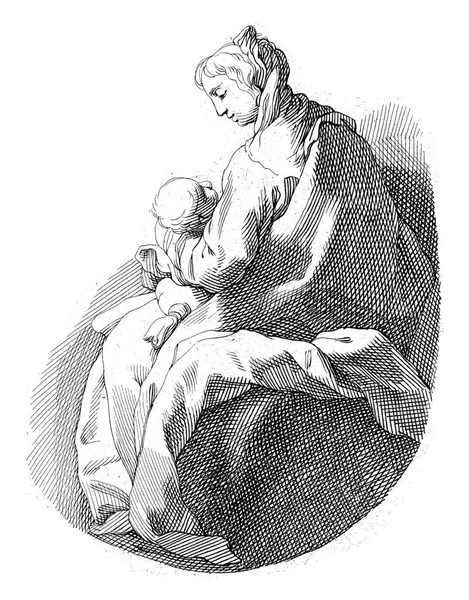 Siedząca Kobieta Widziana Częściowo Tyłu Twarzą Zwróconą Lewo Trzyma Dziecko — Zdjęcie stockowe