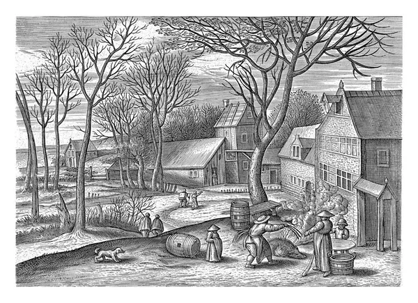 Winter Landscape Winter Scenes December Slaughter Month Foreground Pig Smoked — Stock Photo, Image