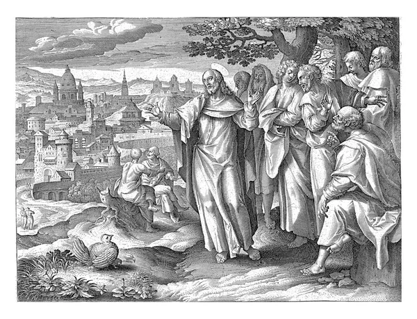 Chrystus Stoi Uczniami Obrzeżach Miasta Jerozolimy Przepowiada Zniszczenie Jerozolimy Świątyni — Zdjęcie stockowe