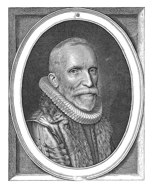 牧師アーノルド コルネリスの肖像画 58歳のクルージウスは ミルの襟とラテン語の碑文と楕円形のフレームでトガと胸当て 低いマージンでは賞賛の2つの詩 — ストック写真