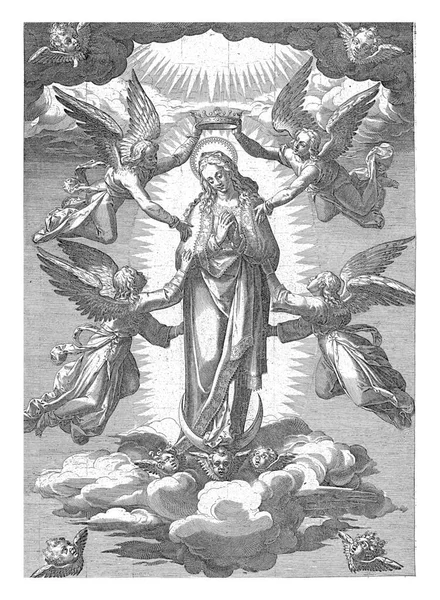 Maria Wird Von Zwei Engeln Gekrönt Zwei Weitere Engel Ziehen — Stockfoto