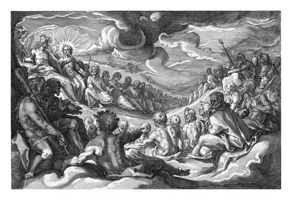 Jupiter summons the assembly of the gods to take measures against the sins on earth. The gods have gathered at Jupiter, rear left.