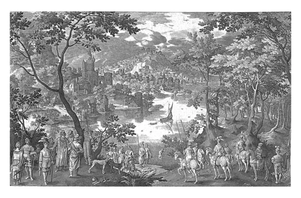 纳曼的治疗 尼科拉 布鲁恩 1628 1682年 纳曼在约旦河洗澡 他的随从中的士兵在河岸上 乃缦是亚兰人的军长 皮肤受损 — 图库照片