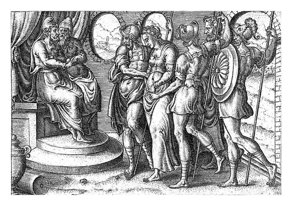 수잔나는 재판관들 앞에서 1570 수잔나를 불충실했다고 앞으로 데리고 재판관으로서 그녀를 — 스톡 사진