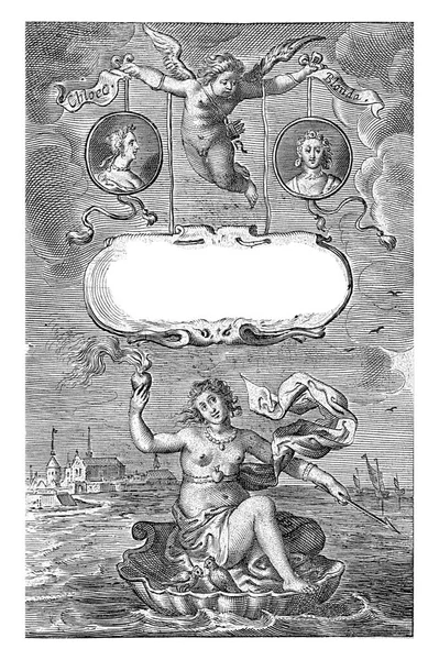 불타는 껍데기 금성은 해안에서 떠다니고 위에는 아모르가 명작인 클라스와 새겨진 — 스톡 사진