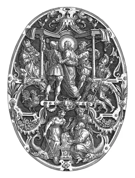 Cristo Liderado Por Soldados Diante Sumo Sacerdote Caifás Oval Com — Fotografia de Stock