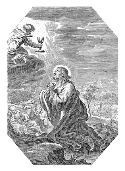 基督在Gethsemane花园 Cornelis Galle 1586 1650就在他被捕之前 基督在Gethsemane花园祈求帮助 天使拿着圣杯出现在他面前 — 图库照片