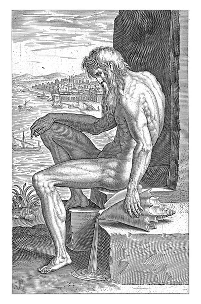 川の神タガス フィリップス 1586年石の上に座していた川の神タガス タガス 彼の手に貝が — ストック写真