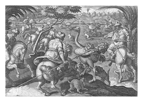 Cavaleiros Caçam Avestruzes Com Lanças Cães Impressão Tem Uma Legenda — Fotografia de Stock