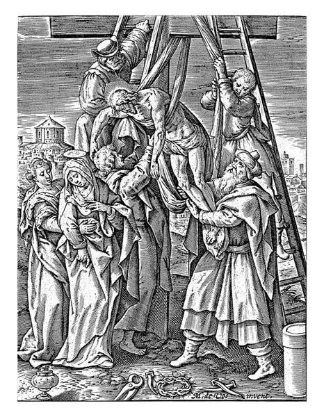 十字架からの降下 ヒエロニムス ウィリクス 1563年 1619年以前キリストの体はニコデモ ヨセフ そして二人の無名の人達によって十字架から引き離されます — ストック写真