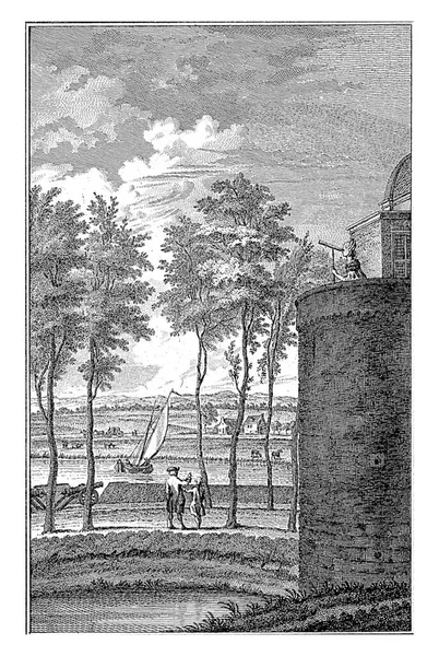 Žena Věži Dívá Dalekohledem Břehu Řeky Isee Hradbách Zutphenu Dvěma — Stock fotografie