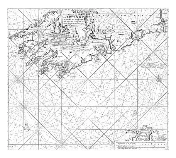나침반 장미가 아일랜드 해안의 지도는 꼭대기 중앙에 타이틀 나르고 포장하는 — 스톡 사진