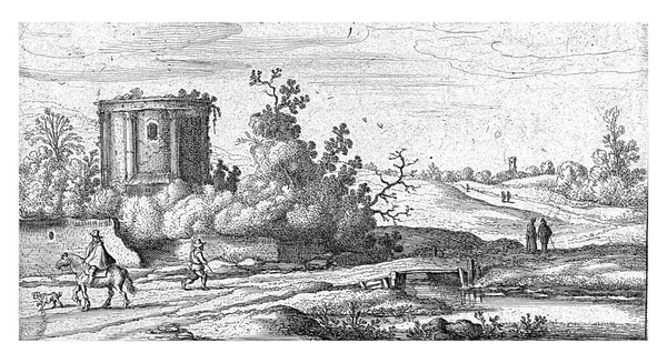 ローマ寺院の遺跡を持つ風景 Esaias Van Velde 1645一連の10の風景のタイトルの印刷 注目すべきは この風景のイタリアの文字 ヴィンテージ刻ま — ストック写真