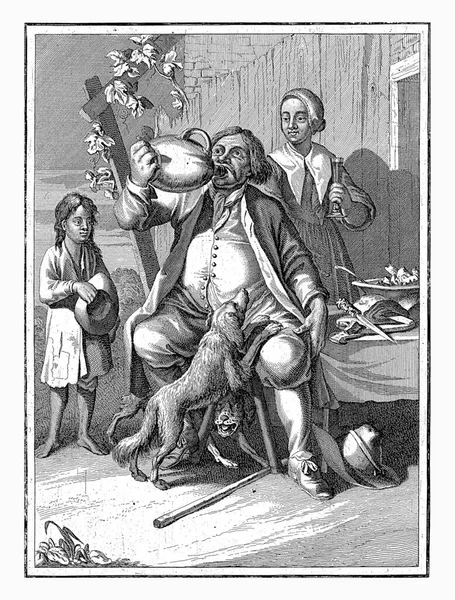 Smaak Caspar Luyken 1698 1702人の男がテーブルの外に座り ピッチャーからワインを飲む 彼の妻と子供の周り テーブルの上にハムが一切れ — ストック写真