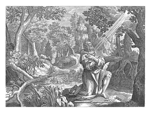 Early Christian Hermit Apollonius Kneeling Forest Landscape Keeps His Arms — Stock Photo, Image