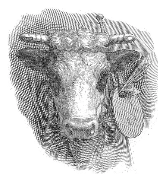 牛の頭 フロントビューです 筆などの絵具の入ったパレットが耳からぶら下がっている 牛はルカ福音書の象徴です 画家の守護聖人 — ストック写真