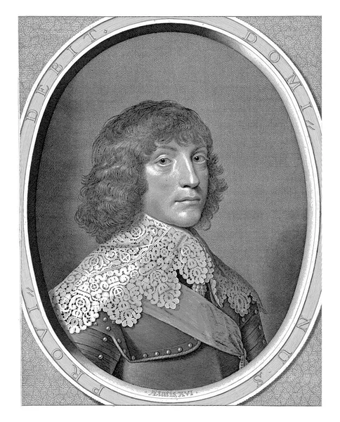 16岁的选帝侯Palatine Karel Lodewijk的肖像 带扁平花边衣领的方块胸片 带有拉丁文格言 — 图库照片