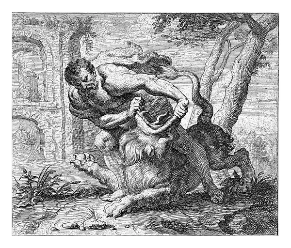 萨姆森和狮子伊拉斯谟 奎里努斯 在彼得 鲁本斯 1617 1678 萨姆森在废墟前与狮子搏斗 狮子最终将赤手空拳杀死 — 图库照片