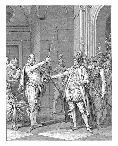 永禄10年 1567年 9月10日の逮捕で エグモンド伯はアルヴァに剣を渡した 本作品は ウィリアム1世の生涯を描いた24点の版画作品の一部です — ストック写真