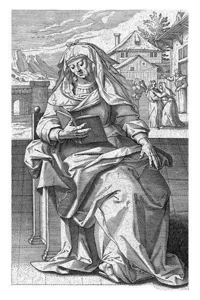 在伊丽莎白的前面 施洗者约翰的母亲 坐在椅子上看书 在这个背景下 伊丽莎白和玛丽的会面 — 图库照片